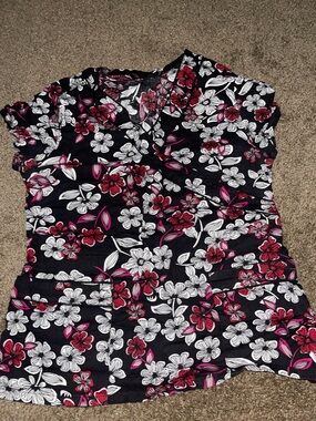 Xhilaration Black Floral Button-Front Top with Burgundy and White Flowers